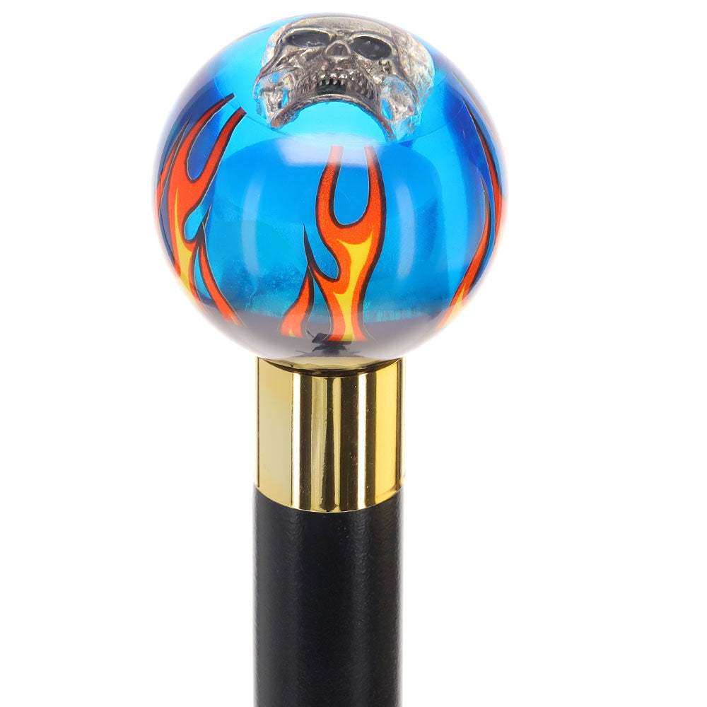 Blue Flame with Skull Round Knob Cane w/ Custom Wood Shaft & Collar Billiard Walking Sticks - Tophatter Daily Deals