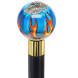 Blue Flame with Skull Round Knob Cane w/ Custom Wood Shaft & Collar Billiard Walking Sticks - Tophatter Daily Deals