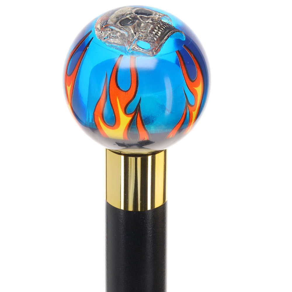 Blue Flame with Skull Round Knob Cane w/ Custom Wood Shaft & Collar Billiard Walking Sticks - Tophatter Daily Deals