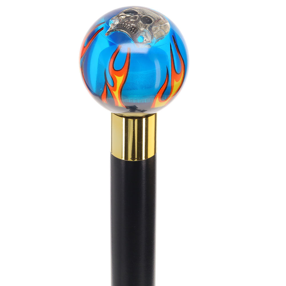 Blue Flame with Skull Round Knob Cane w/ Custom Wood Shaft & Collar Billiard Walking Sticks - Tophatter Daily Deals