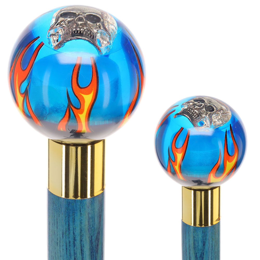 Blue Flame with Skull Round Knob Cane w/ Custom Color Ash Shaft & Collar Billiard Walking Sticks - Tophatter Daily Deals