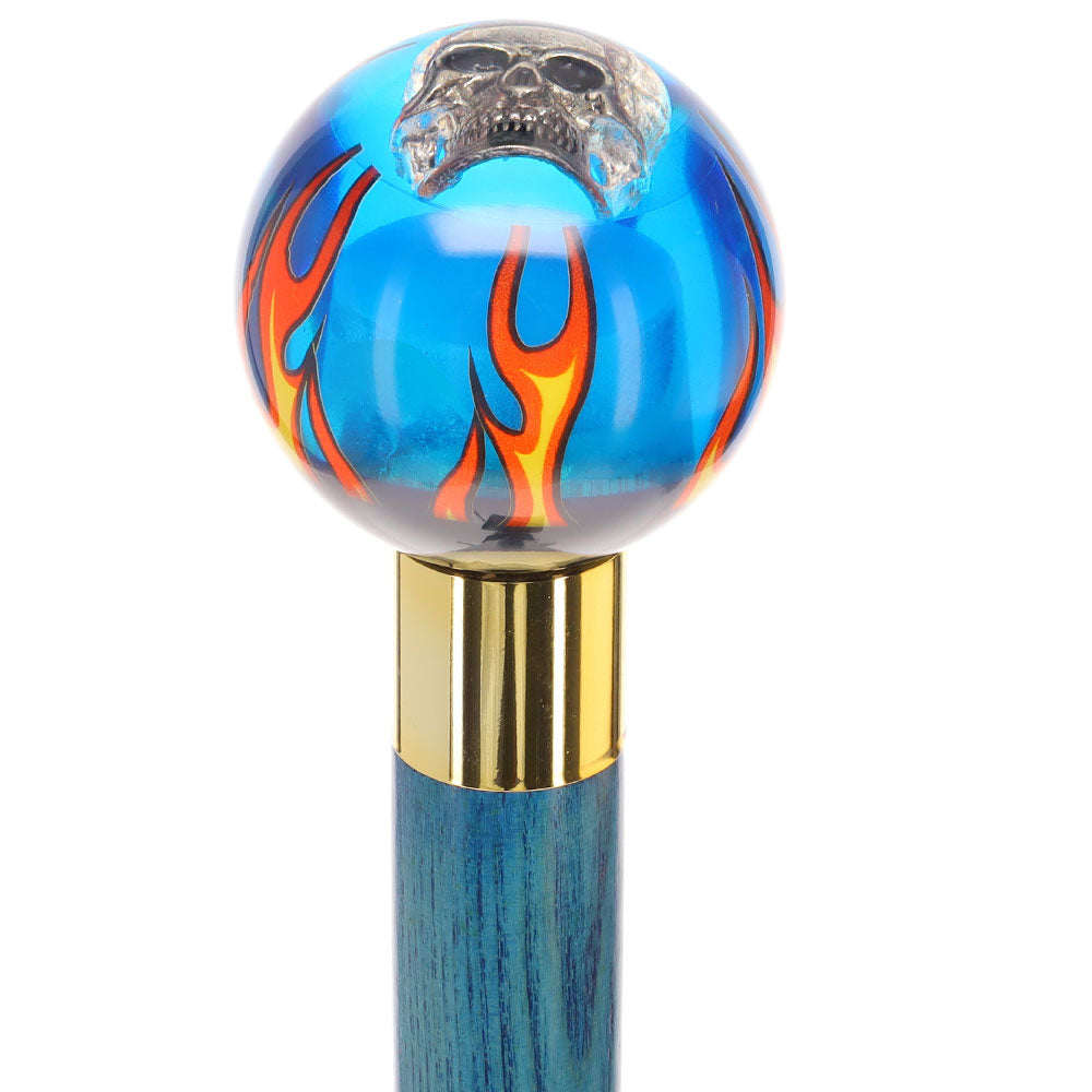 Blue Flame with Skull Round Knob Cane w/ Custom Color Ash Shaft & Collar Billiard Walking Sticks - Tophatter Daily Deals