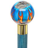 Blue Flame with Skull Round Knob Cane w/ Custom Color Ash Shaft & Collar Billiard Walking Sticks - Tophatter Daily Deals