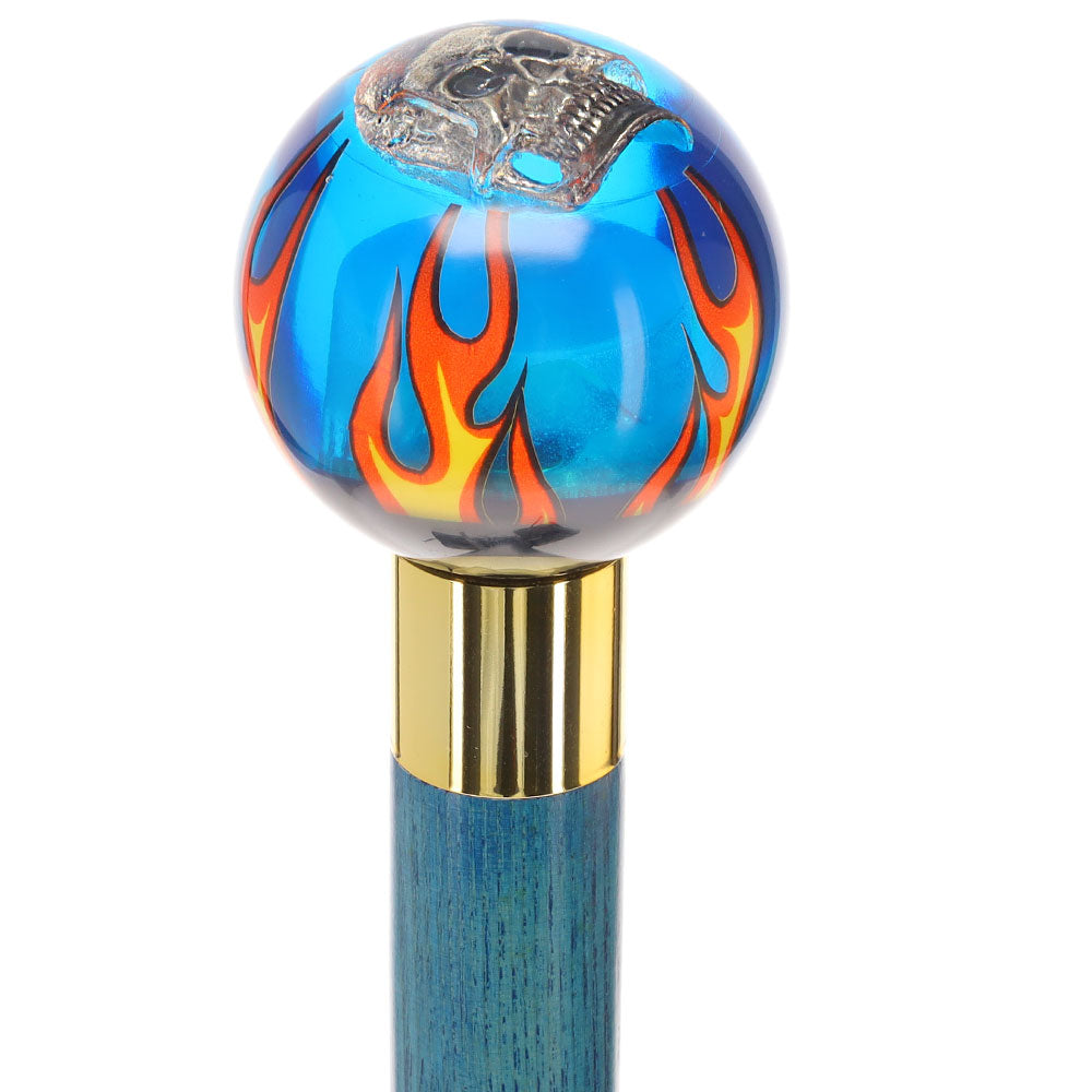 Blue Flame with Skull Round Knob Cane w/ Custom Color Ash Shaft & Collar Billiard Walking Sticks - Tophatter Daily Deals