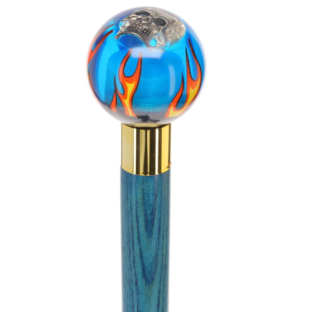 Blue Flame with Skull Round Knob Cane w/ Custom Color Ash Shaft & Collar Billiard Walking Sticks - Tophatter Daily Deals