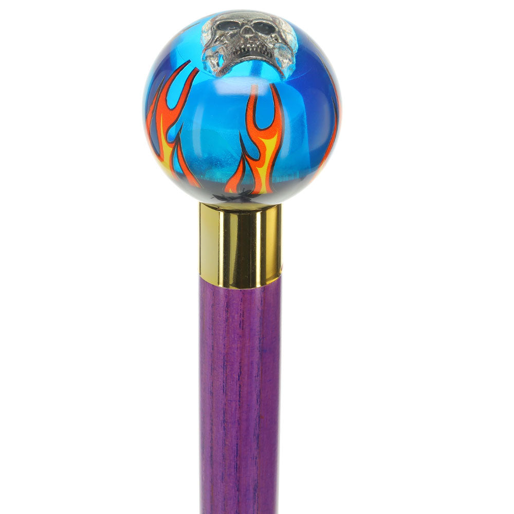 Blue Flame with Skull Round Knob Cane w/ Custom Color Ash Shaft & Collar Billiard Walking Sticks - Tophatter Daily Deals