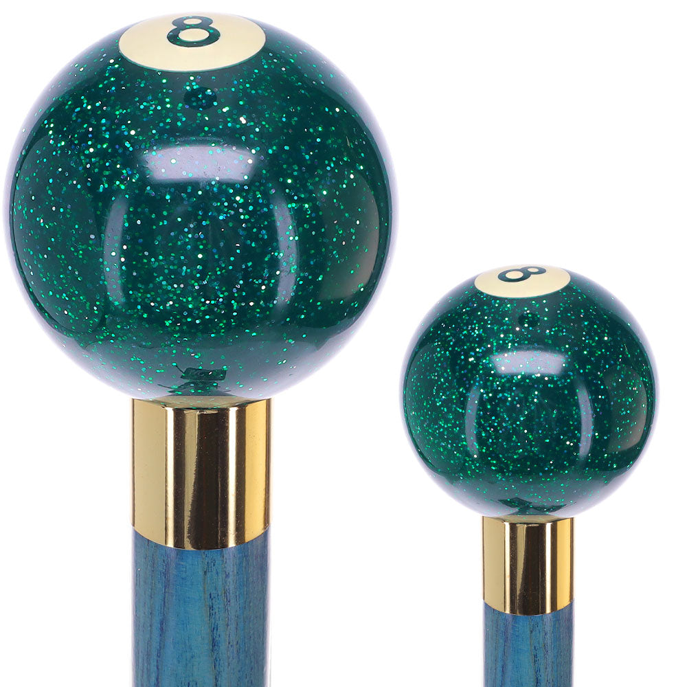 Green Sparkle 8 Ball Shift Knob Cane w/ Custom Color Ash Shaft & Collar Billiard Walking Sticks - Tophatter Daily Deals