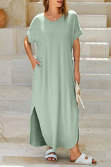 Slit Pocketed Short Sleeve Dress Sage Casual Dresses - Tophatter Daily Deals