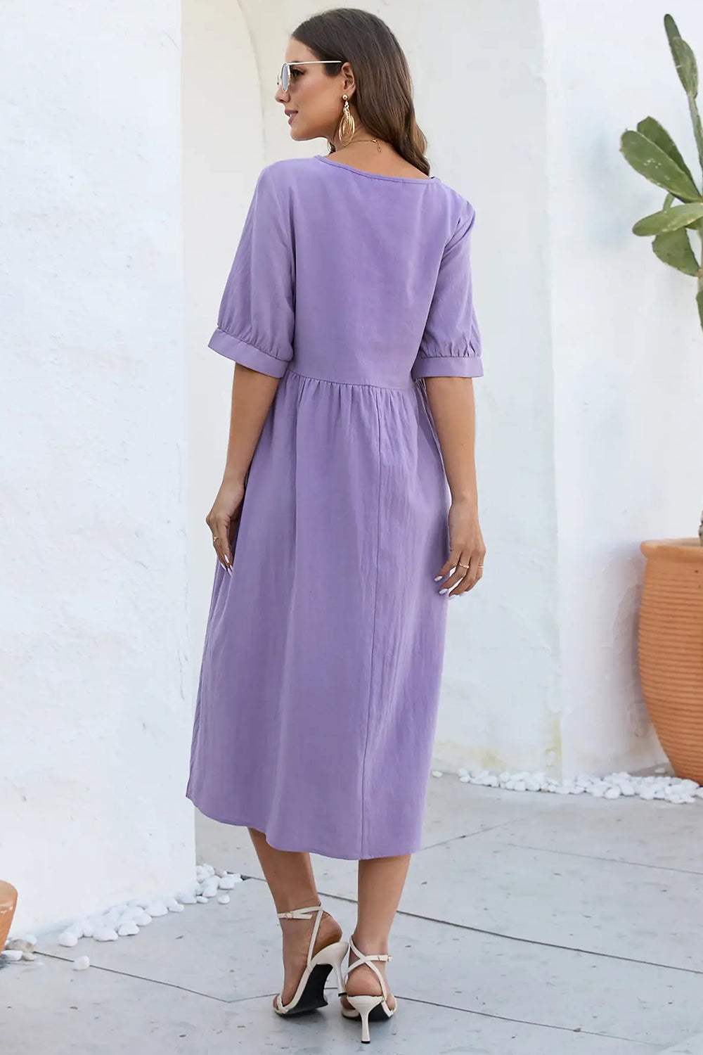 Decorative Button Round Neck Half Sleeve Dress Casual Dresses - Tophatter Daily Deals