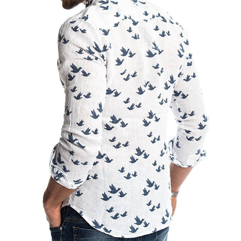 3D printed linen colorblock stand collar shirt 0 - Tophatter Daily Deals