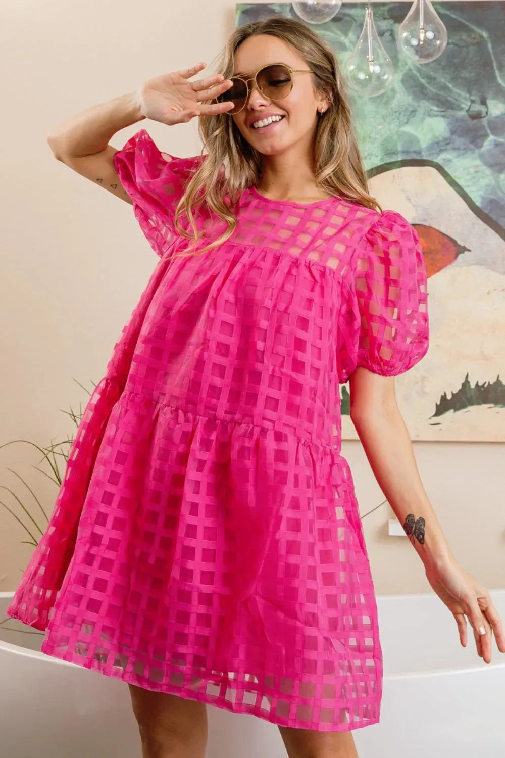 BiBi Gridded Organza Short Sleeve Dress FUCHSIA Casual Dresses - Tophatter Daily Deals
