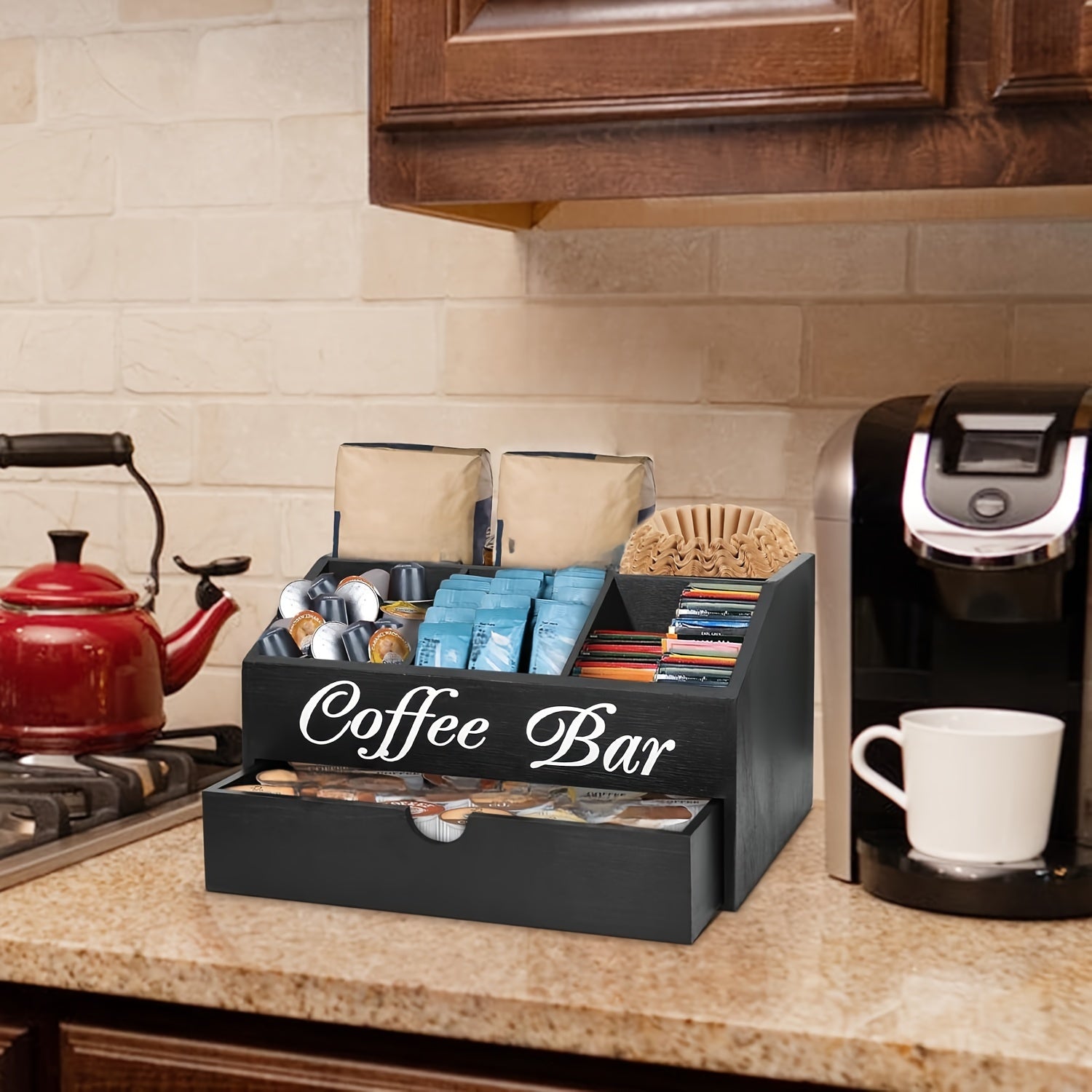 Wood Coffee Station Organizer with Drawer Kitchen Cabinets - Tophatter Daily Deals