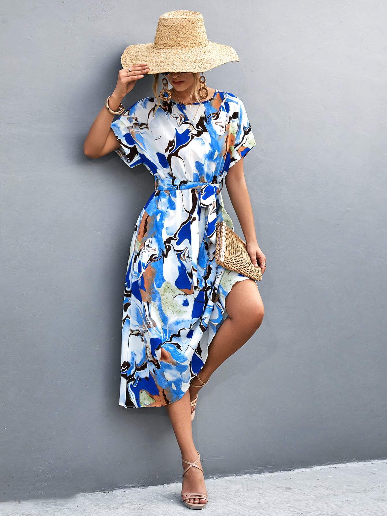 Round Neck Short Sleeve Tie Waist Midi Dress Casual Dresses - Tophatter Daily Deals