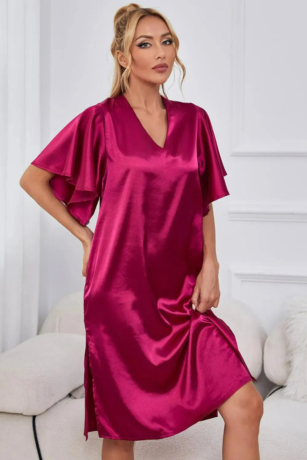 Satin Flutter Sleeve Side Slit V-Neck Night Dress Sleep Dresses - Tophatter Daily Deals
