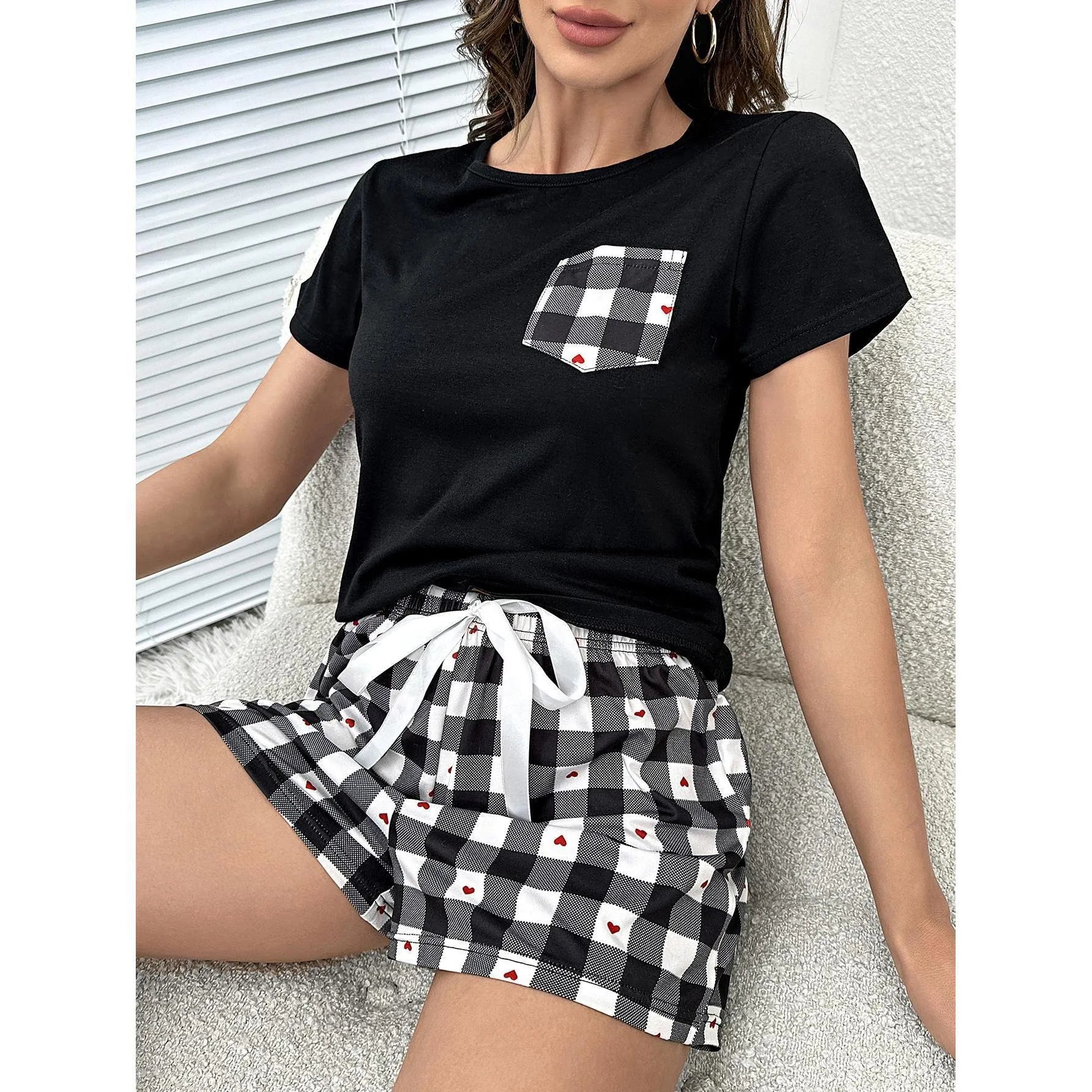 Plaid Heart Top and Shorts Lounge Set Loungewear Sets - Tophatter Daily Deals