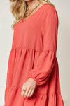 Double Take Full Size V-Neck Balloon Sleeve Tiered Dress Casual Dresses - Tophatter Daily Deals