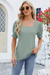 Eyelet Square Neck Short Sleeve T-Shirt Gum Leaf Women's T-Shirts - Tophatter Daily Deals