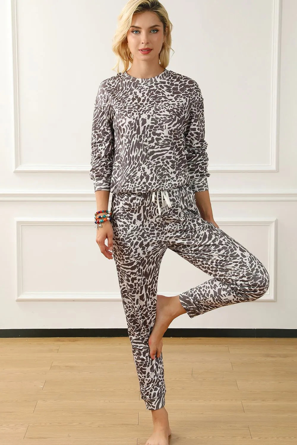 Leopard Round Neck Top and Drawstring Pants Lounge Set Loungewear Sets - Tophatter Daily Deals