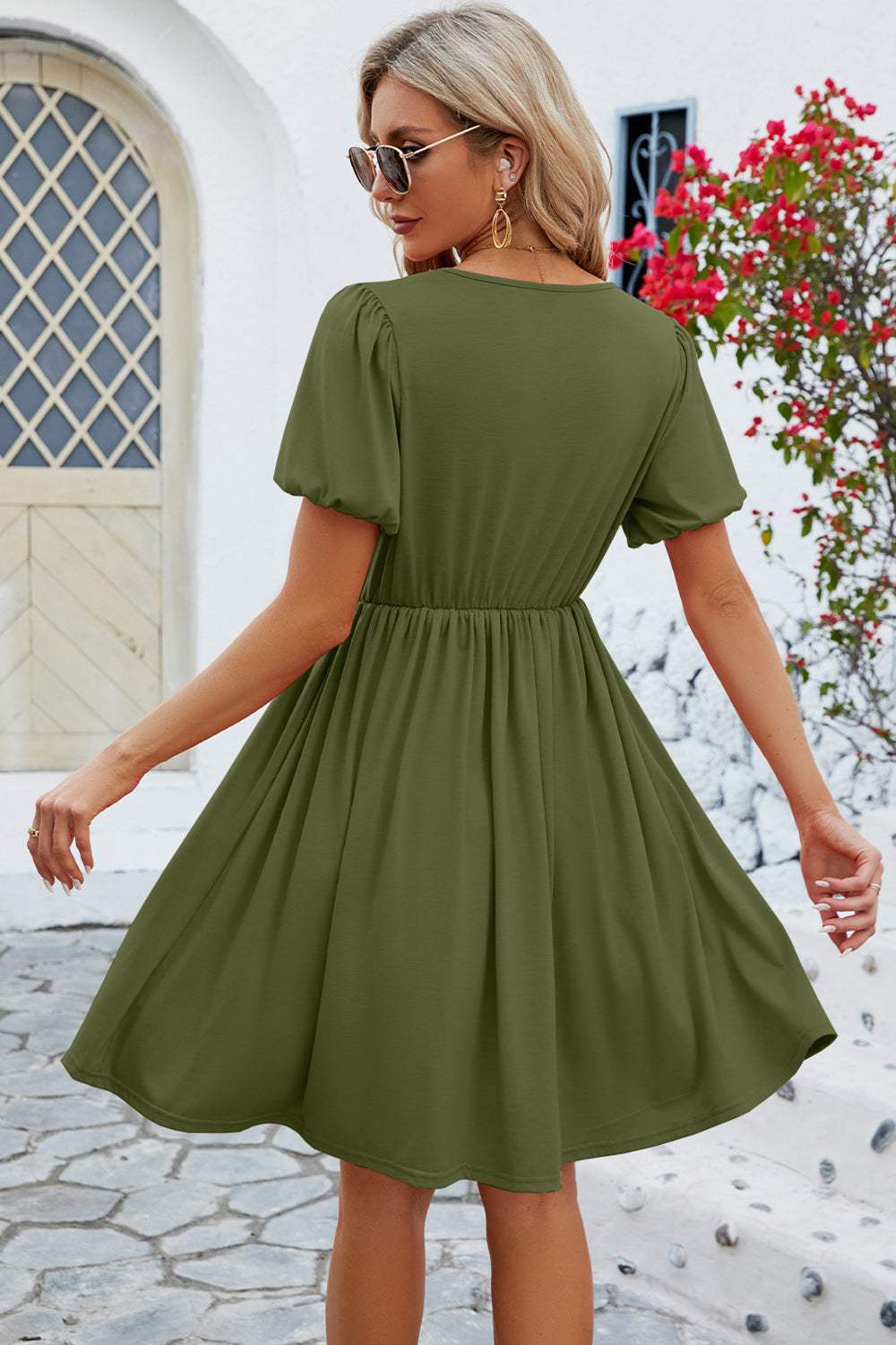 V-Neck Balloon Short Sleeve Dress Casual Dresses - Tophatter Daily Deals