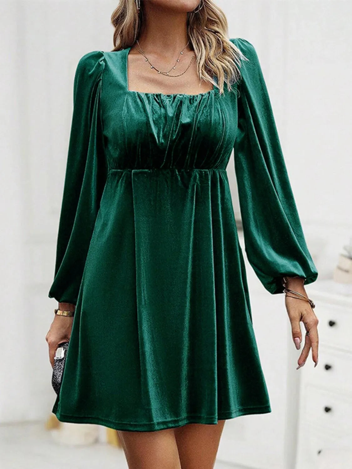 Ruched Square Neck Balloon Sleeve Dress Green Cocktail Dresses - Tophatter Daily Deals