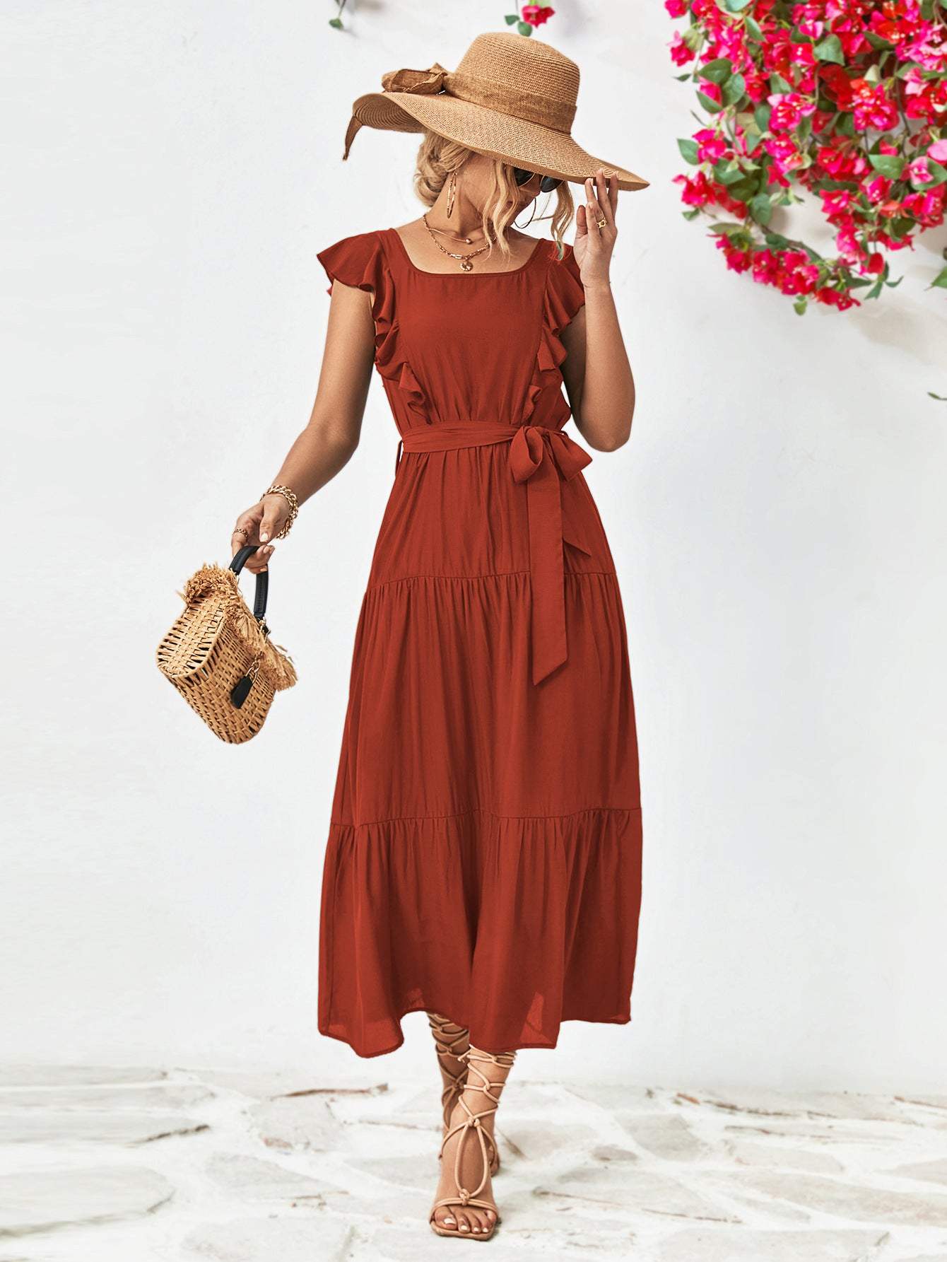 Tie Belt Ruffled Tiered Dress Casual Dresses - Tophatter Daily Deals