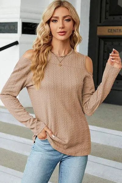 Round Neck Cold Shoulder T-Shirt Camel Women's T-Shirts - Tophatter Daily Deals