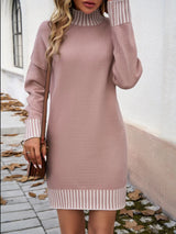 Striped Mock Neck Long Sleeve Sweater Dress Dusty Pink Casual Dresses - Tophatter Daily Deals