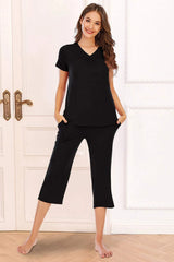V-Neck Short Sleeve Top and Pants Lounge Set Loungewear Sets - Tophatter Daily Deals