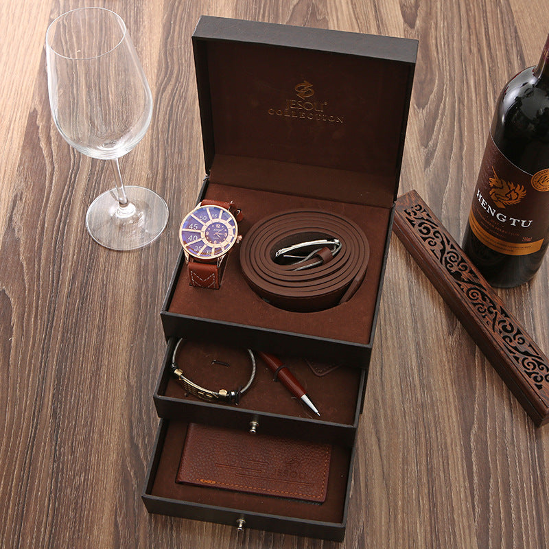 Business Gift Set Watch Belt Wallet Men's High-end Leather Bracelet Birthday Creative Gift Box 0 - Tophatter Daily Deals