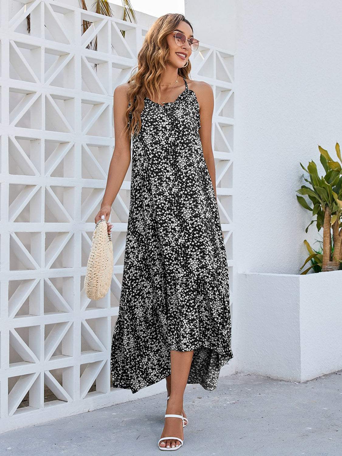 Ditsy Floral Scoop Neck Midi Cami Dress Black Casual Dresses - Tophatter Daily Deals