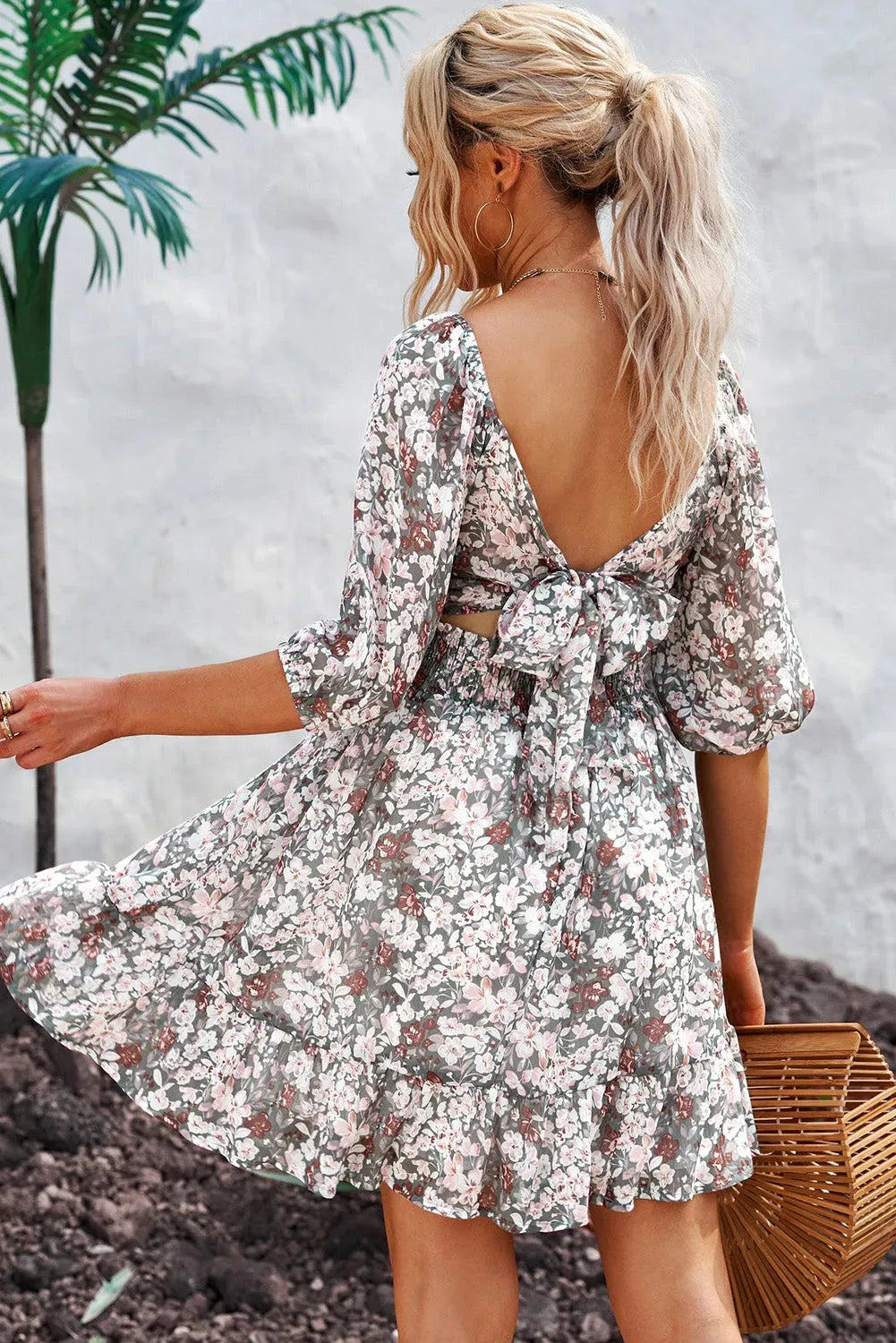 Tied Printed Square Neck Half Sleeve Dress Casual Dresses - Tophatter Daily Deals