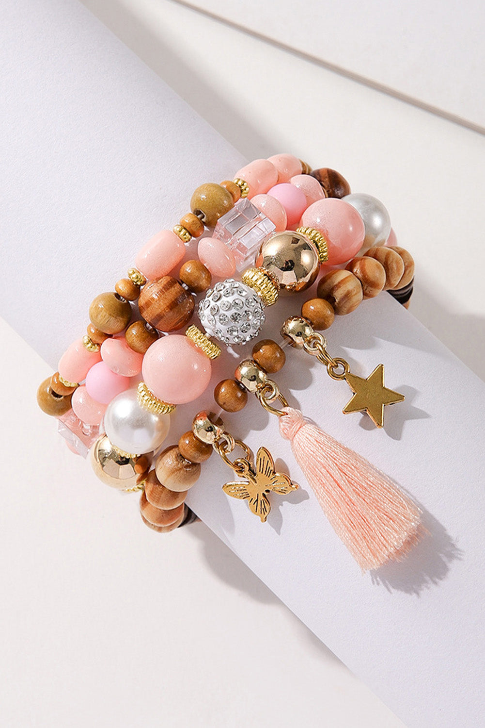 Pink 4Pcs Butterfly Star Pendant Tassel Beaded Bracelet Set Pink ONE SIZE 100%Alloy Bracelets - Tophatter Daily Deals