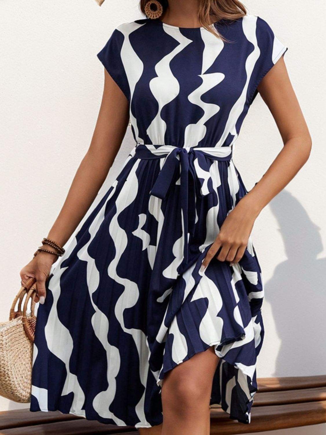 Tied Pleated Printed Cap Sleeve Dress - Tophatter Deals