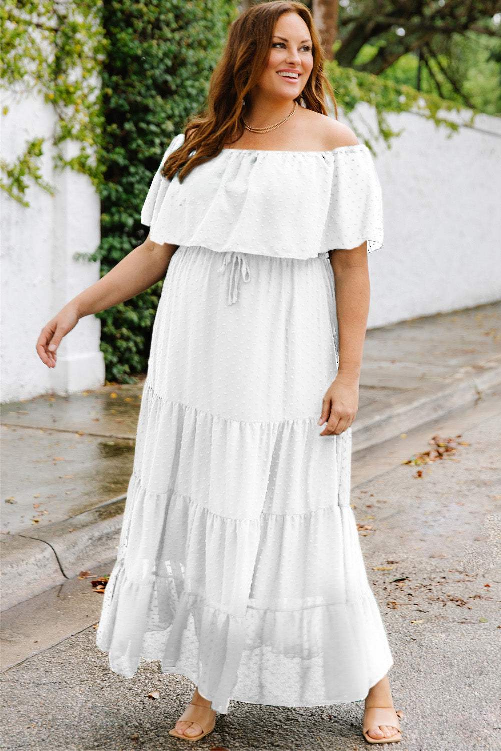 Plus Size Swiss Dot Off-Shoulder Tiered Dress Casual Dresses - Tophatter Daily Deals