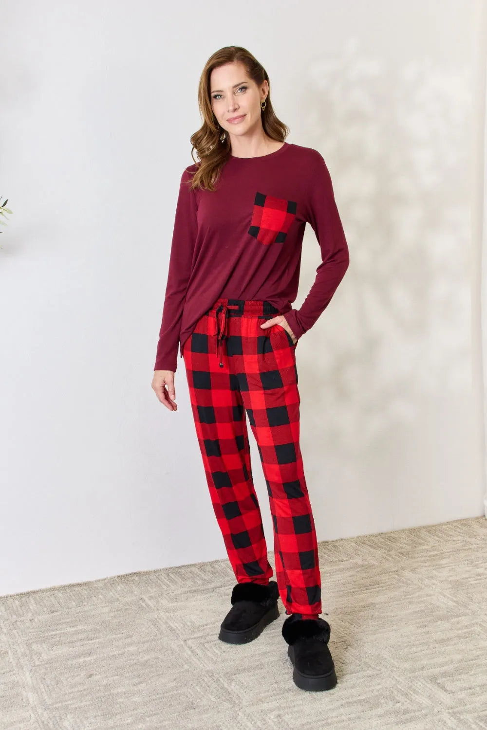 Zenana Full Size Plaid Round Neck Top and Pants Pajama Set Loungewear Sets - Tophatter Daily Deals