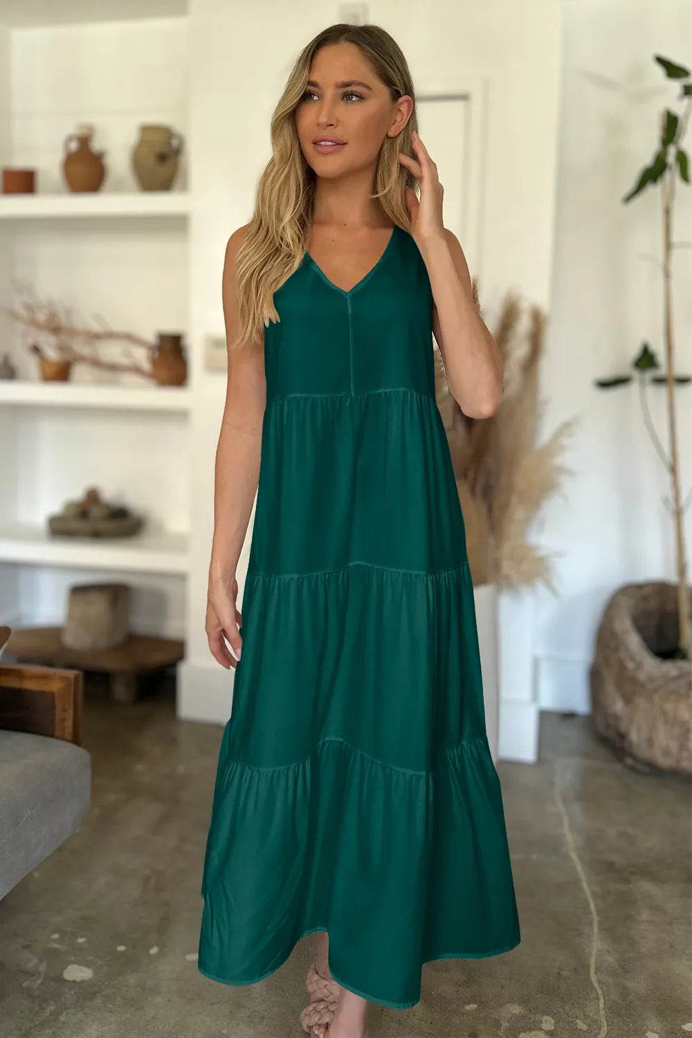 V-Neck Sleeveless Midi Tiered Dress Dark Green Casual Dresses - Tophatter Daily Deals