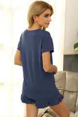 V-Neck Short Sleeve Top and Drawstring Shorts Lounge Set Loungewear Sets - Tophatter Daily Deals