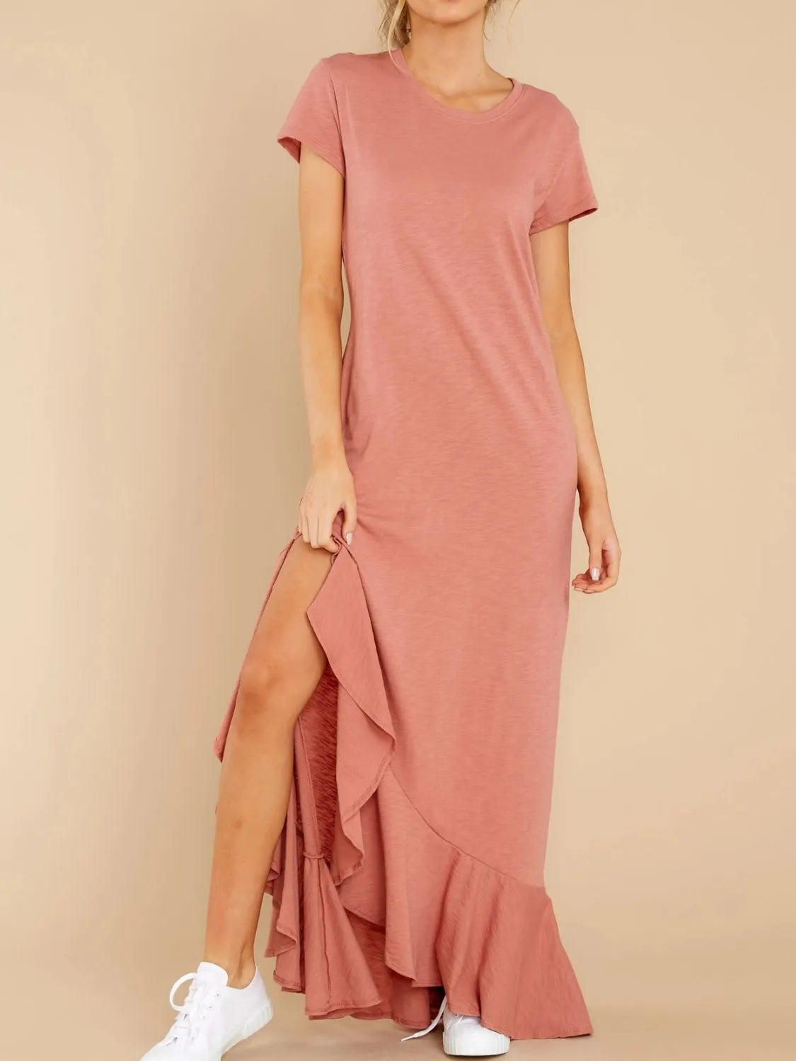 Slit Round Neck Short Sleeve Maxi Dress Dusty Pink Casual Dresses - Tophatter Daily Deals