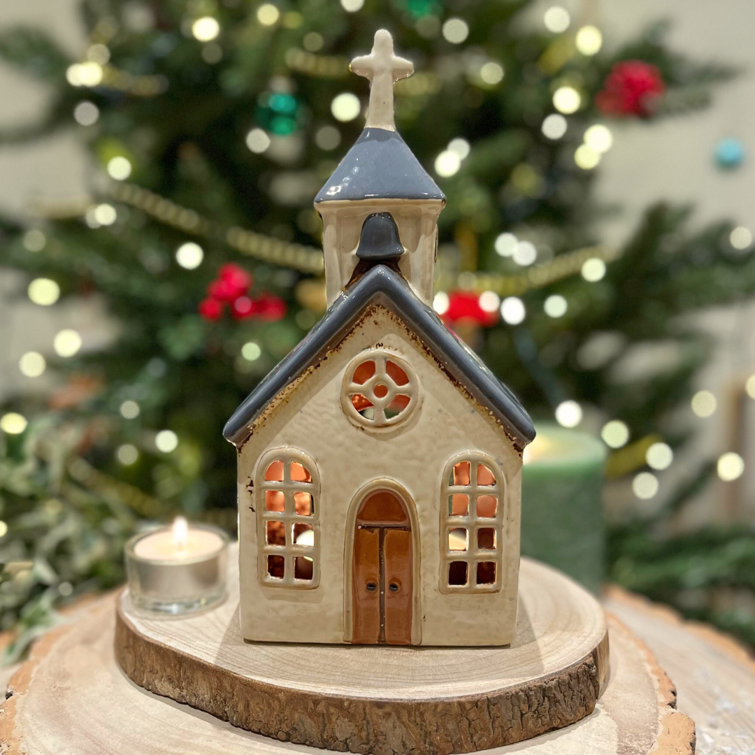 Village Church Tealight Candle Holder | Rustic Pottery Chapel Tea Light Ornament Candle Holder - Tophatter Daily Deals