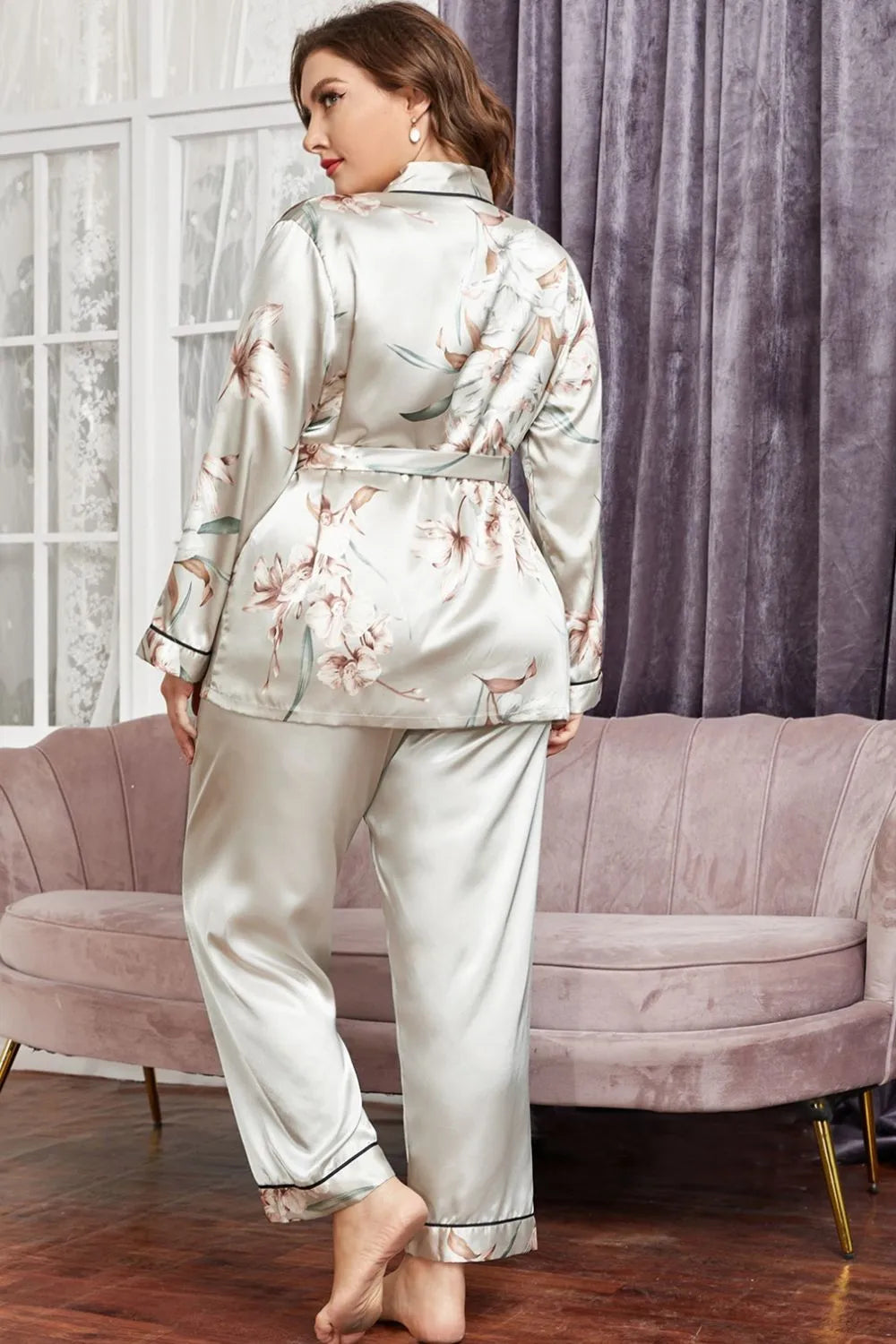 Plus Size Floral Belted Robe and Pants Pajama Set Loungewear Sets - Tophatter Daily Deals