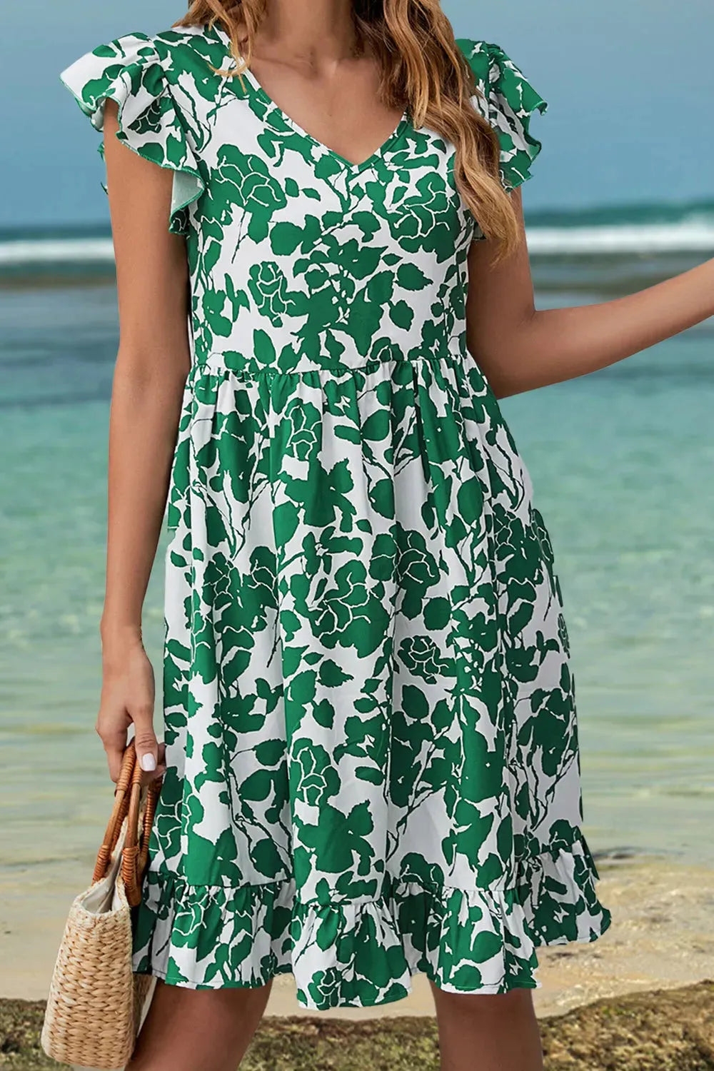 Ruffled Printed V-Neck Cap Sleeve Dress Casual Dresses - Tophatter Daily Deals