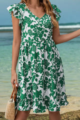 Ruffled Printed V-Neck Cap Sleeve Dress Casual Dresses - Tophatter Daily Deals