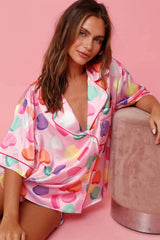 Pink Full Pattern Shirt and Shorts Satin Pajama Set Loungewear & Sleepwear/Sleepwear - Tophatter Daily Deals