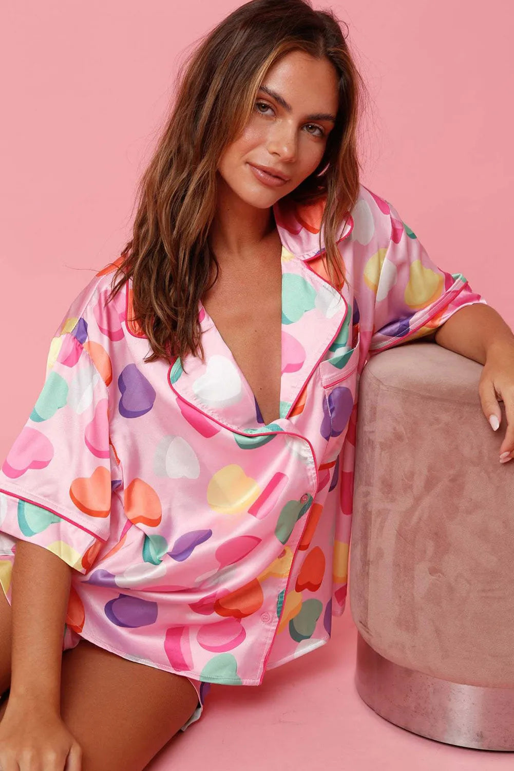 Pink Full Pattern Shirt and Shorts Satin Pajama Set Loungewear & Sleepwear/Sleepwear - Tophatter Daily Deals