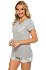 Striped Short Sleeve Top and Shorts Lounge Set Loungewear Sets - Tophatter Daily Deals