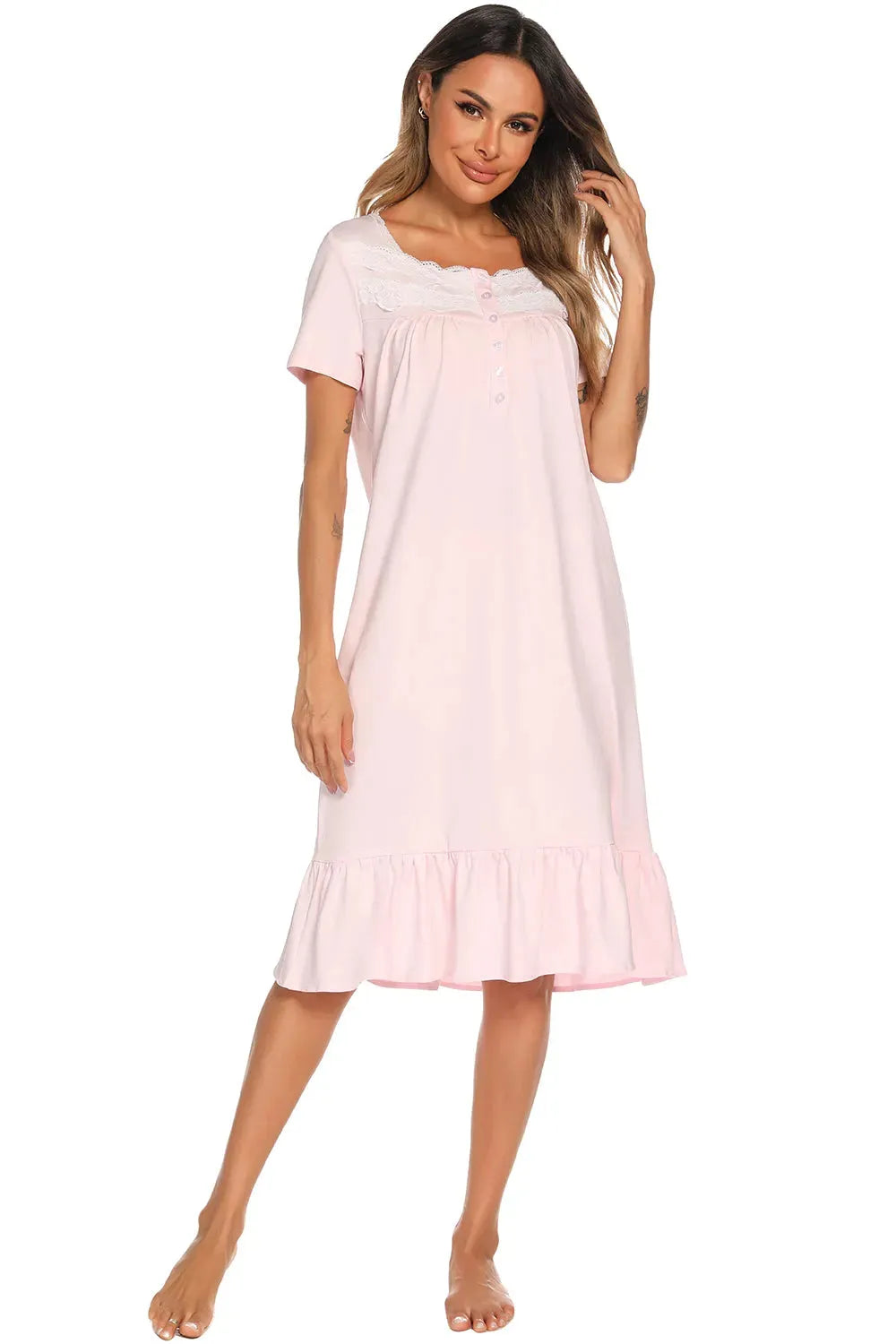 Lace Detail Square Neck Lounge Dress Sleep Dresses - Tophatter Daily Deals
