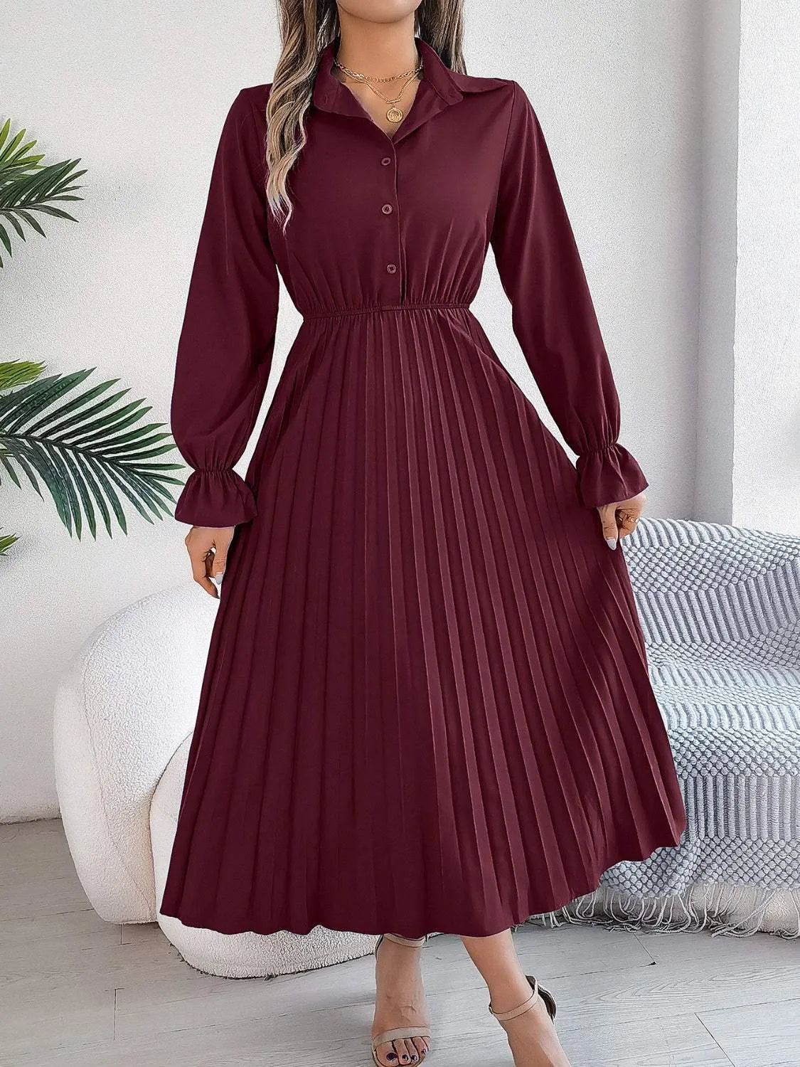 Pleated Half Button Long Sleeve Midi Dress Casual Dresses - Tophatter Daily Deals