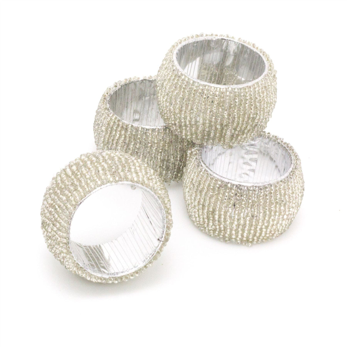 Set Of 4 Silver Glass Napkin Holder | Chic Beaded Napkin Rings | Ring Holder Dinner Table Set Napkin Rings - Tophatter Daily Deals