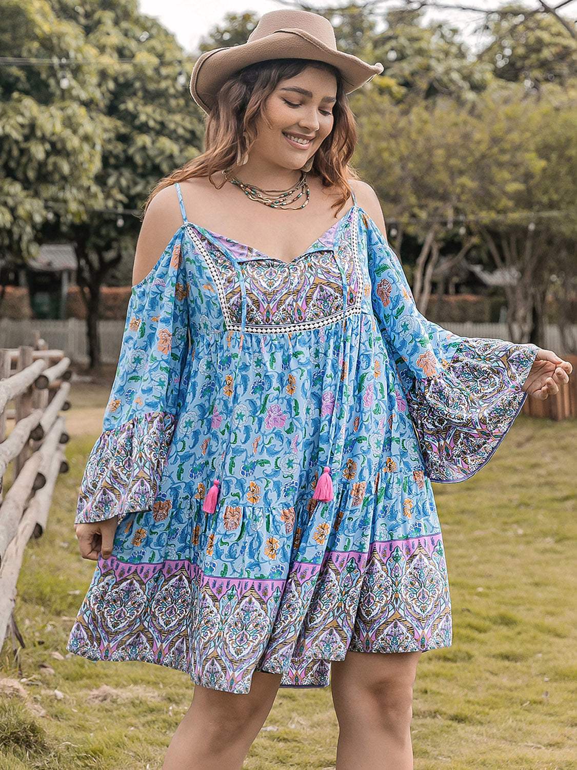 Plus Size Printed Long Sleeve Mini Dress Sky Blue Casual Dresses - Tophatter Daily Deals