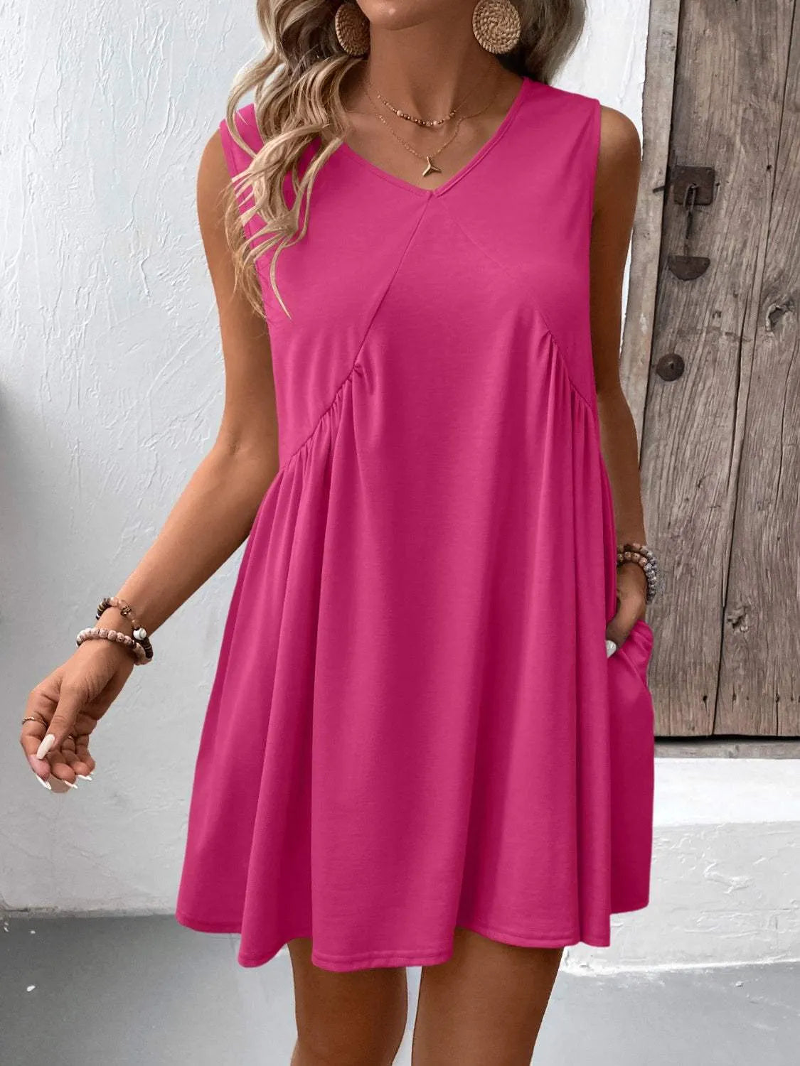 Ruched V-Neck Sleeveless Mini Dress Deep Rose Casual Dresses - Tophatter Daily Deals